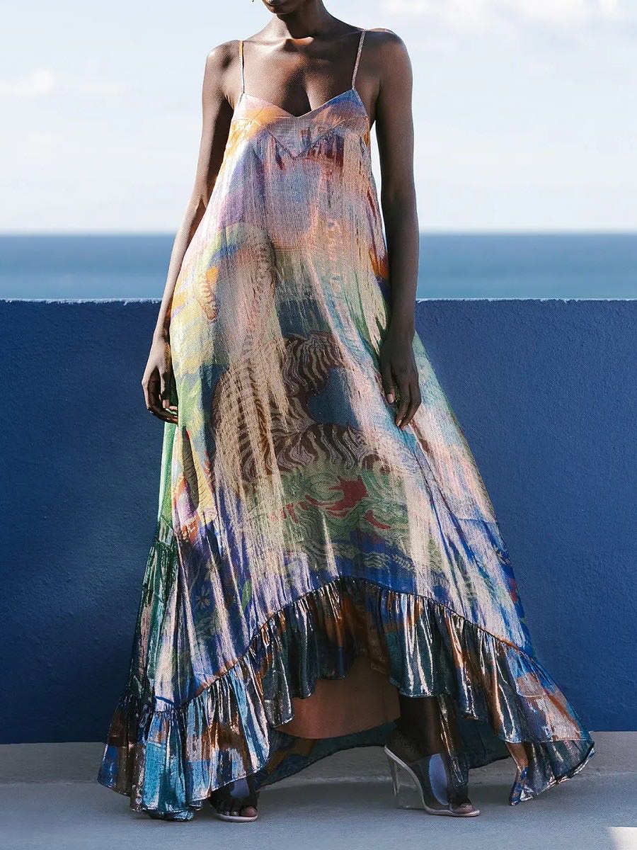 Vibrant long dress in gold lame silk