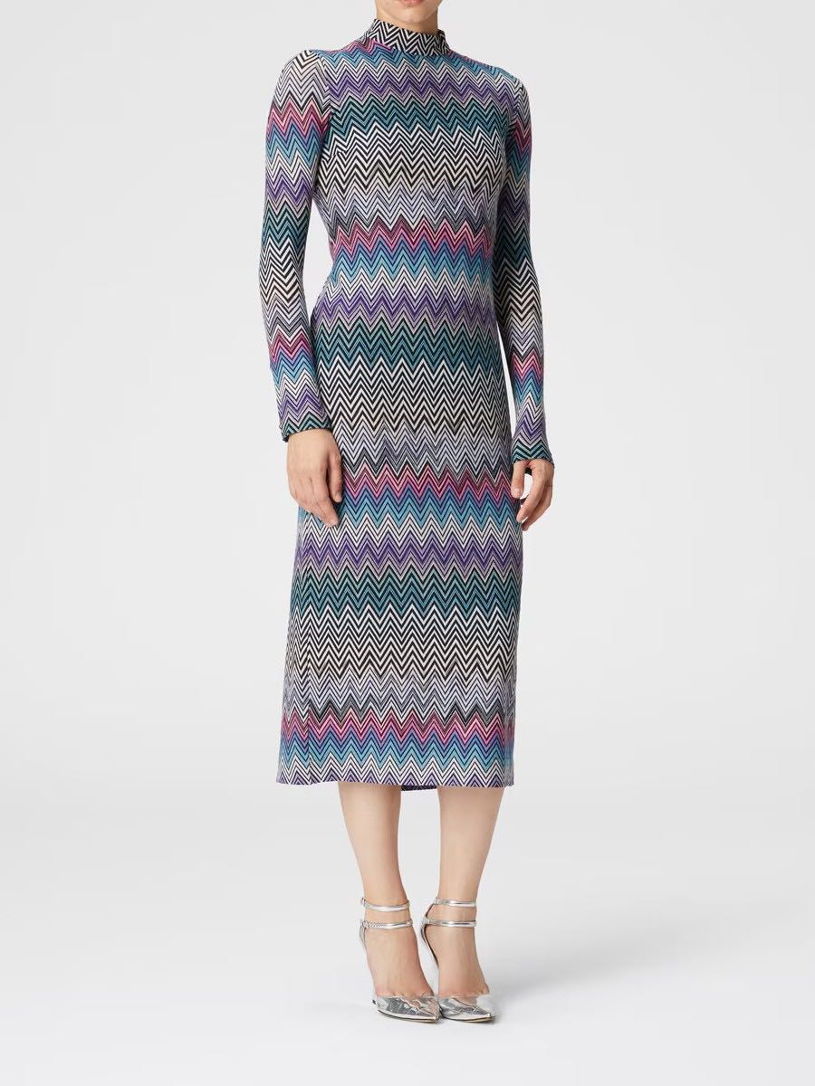 High neck midi zigazag dress