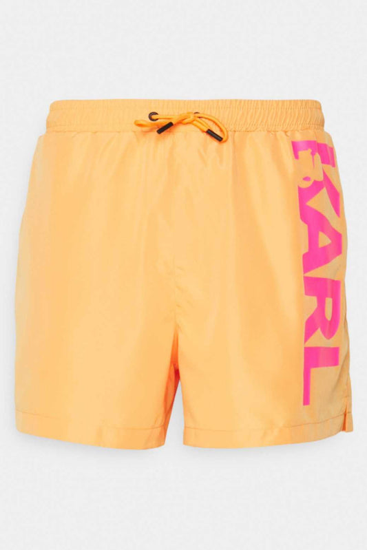 Orange swim trunks with large logo